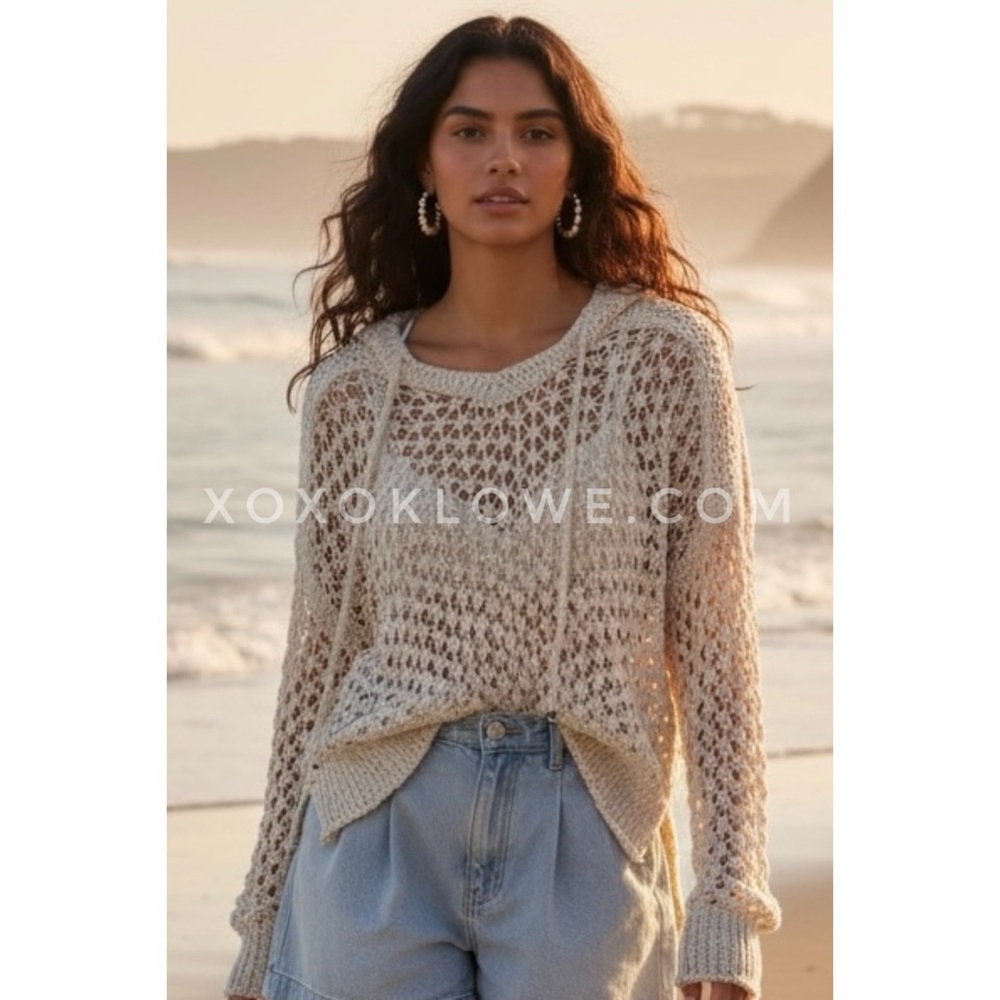 POL Natural Beige Lightweight Open Knit Crochet Hooded Sweater | Boho Summer